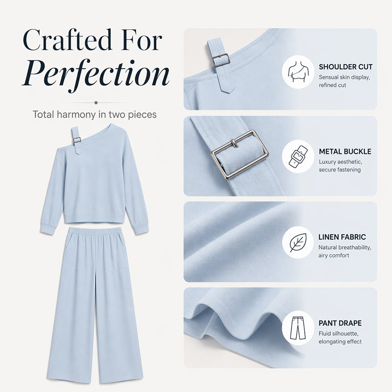 Conjunto elegante de top asimétrico y pantalón de pierna ancha para mujer.