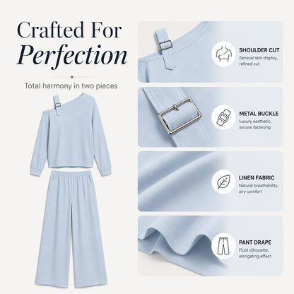 Conjunto elegante de top asimétrico y pantalón de pierna ancha para mujer.
