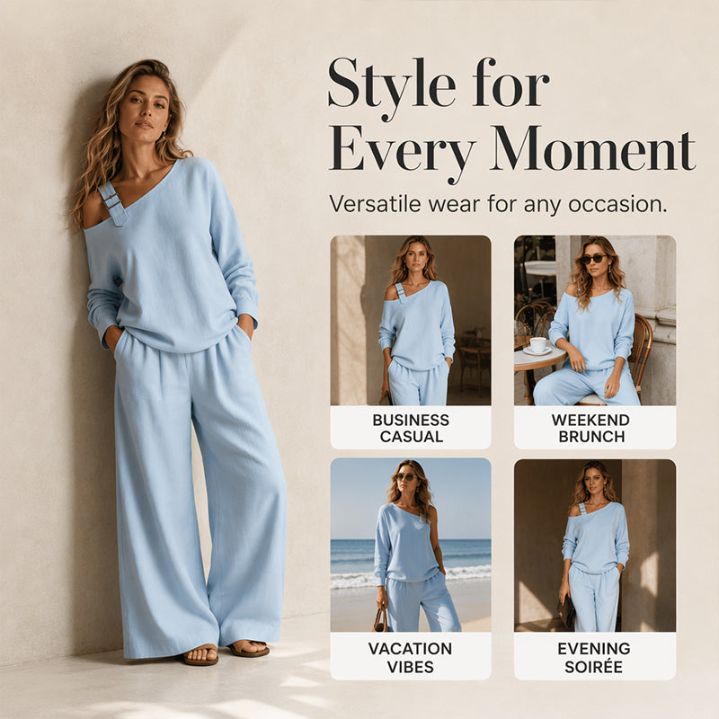 Conjunto elegante de top asimétrico y pantalón de pierna ancha para mujer.