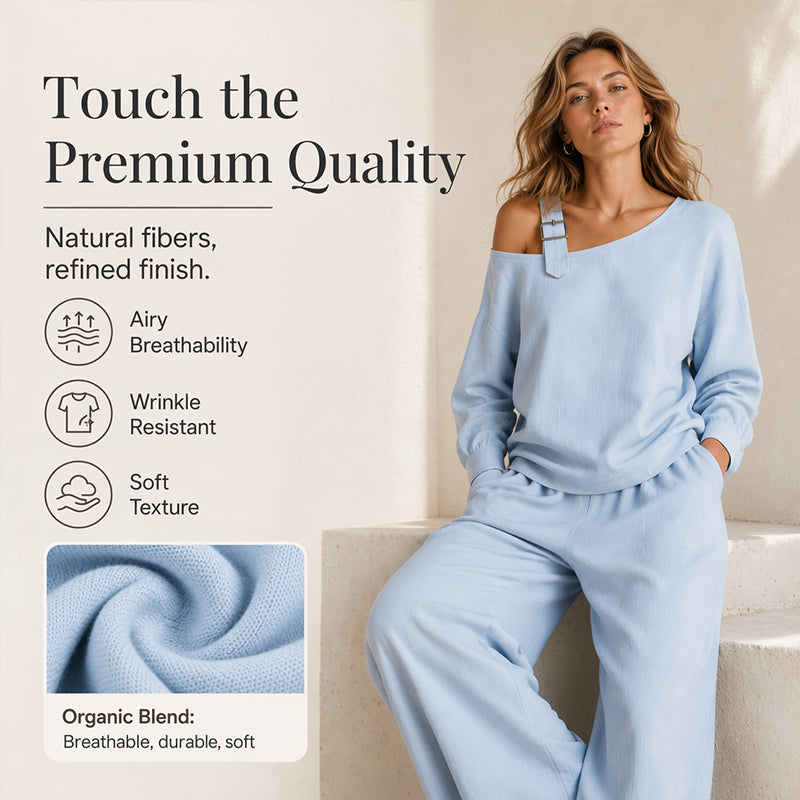 Conjunto elegante de top asimétrico y pantalón de pierna ancha para mujer.