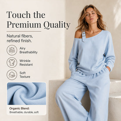 Conjunto elegante de top asimétrico y pantalón de pierna ancha para mujer.
