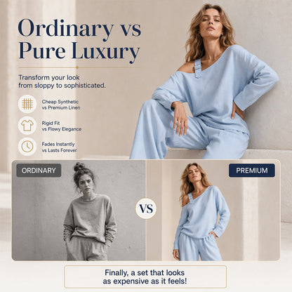 Conjunto elegante de top asimétrico y pantalón de pierna ancha para mujer.