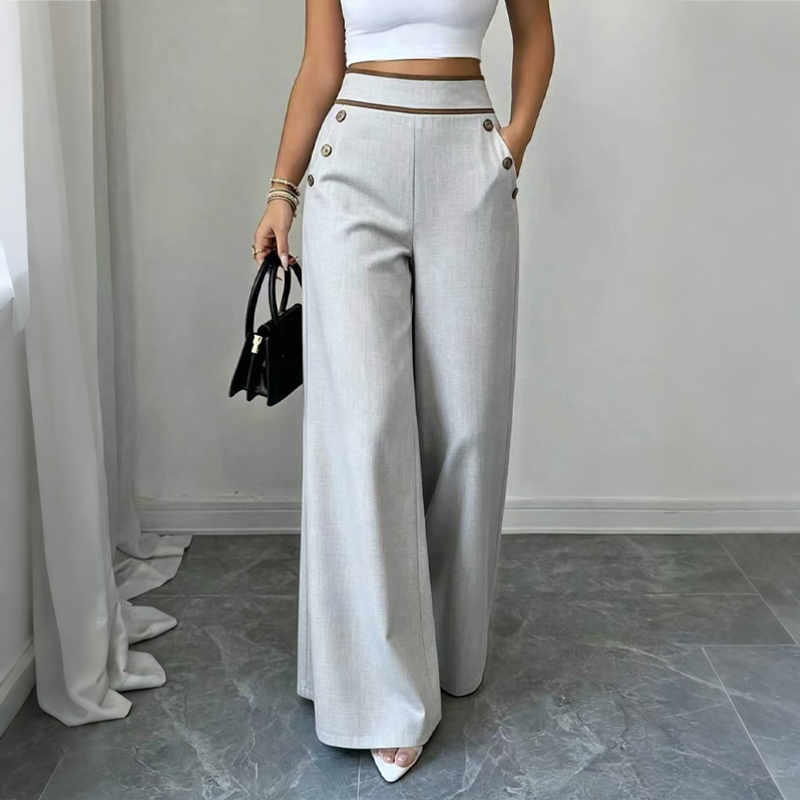 Pantalones de mujer de talle alto y pierna ancha con ribete en contraste